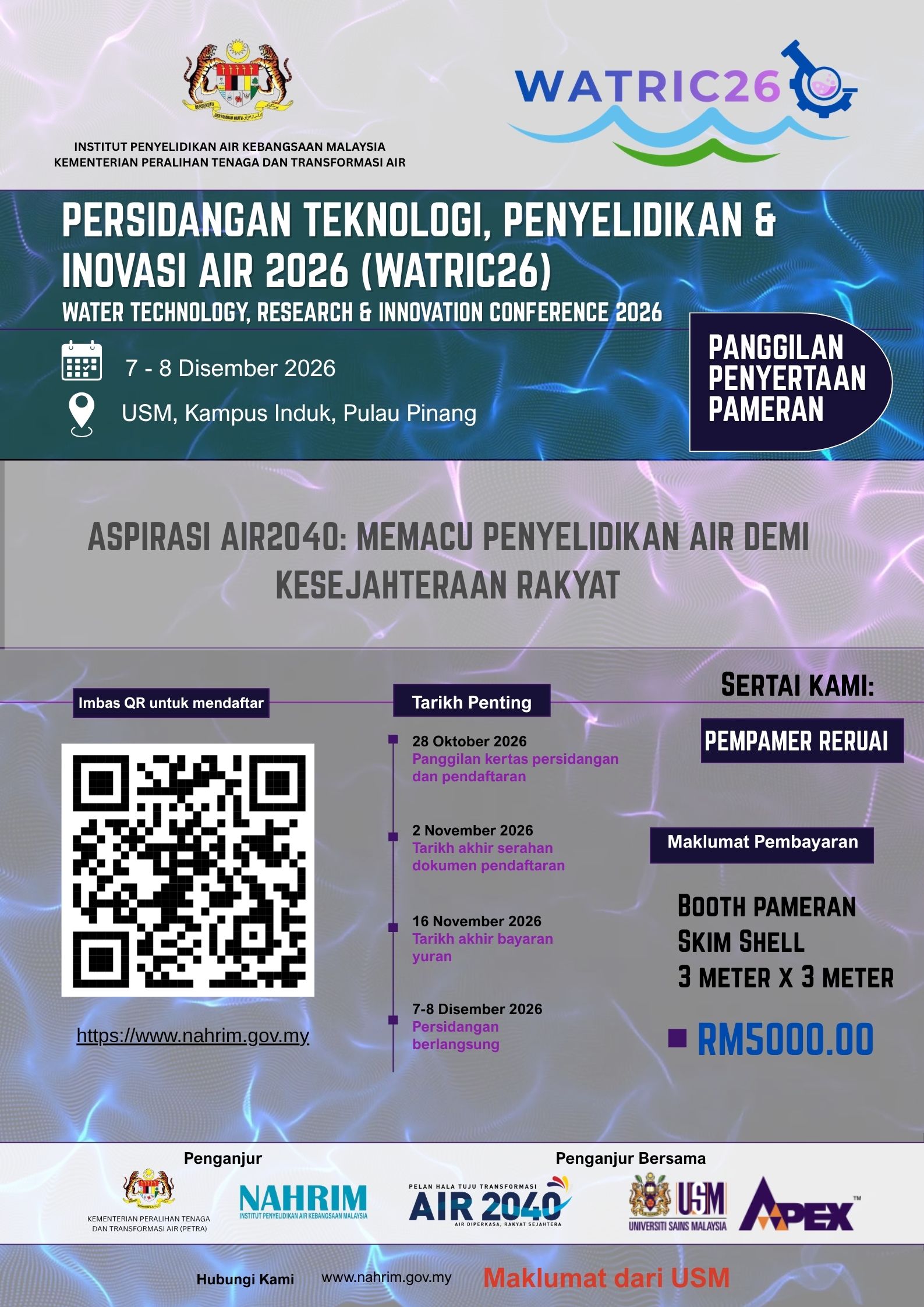 Poster for PERSIDANGAN TEKNOLOGI, PENYELIDIKAN & INOVASI AIR 2026 | WATER TECHNOLOGY, RESEARCH & INNOVATION CONFERENCE 2026 (WATRIC26)