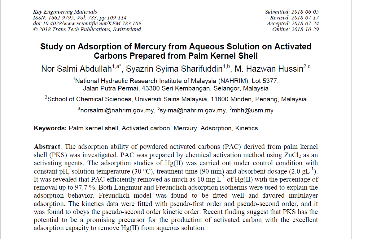 Thumbnail for Study on Adsorption of Mercury from Aqueous Solution on Activated Carbon Prepared from Palm Kernel Shell