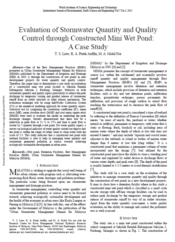 Thumbnail for Evaluation of Stormwater Quantity and Quality Control through Constructed Mini Wet Pond:  A Case Study