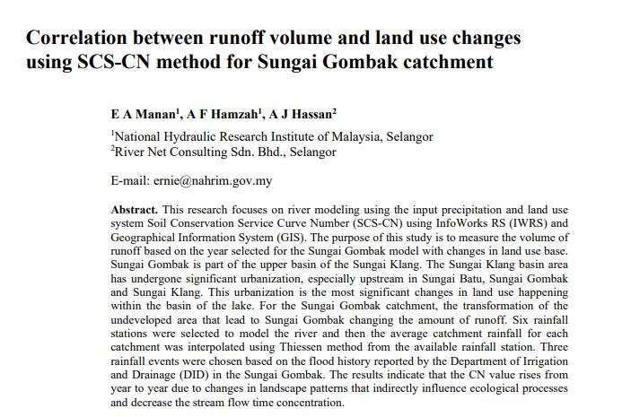 Thumbnail for  Correlation between runoff volume and land use changes using SCS-CN method for Sungai Gombak catchment