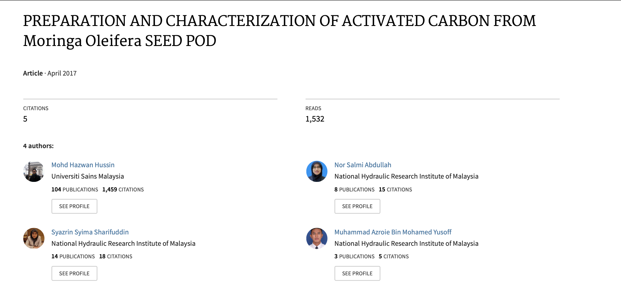Thumbnail for PREPARATION AND CHARACTERIZATION OF ACTIVATED CARBON FROM Moringa Oleifera SEED POD