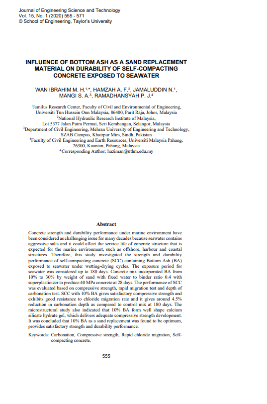 Thumbnail for INFLUENCE OF BOTTOM ASH AS A SAND REPLACEMENT MATERIAL ON DURABILITY OF SELF-COMPACTING CONCRETE EXPOSED TO SEAWATER