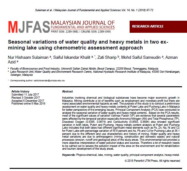 Thumbnail for Seasonal variations of water quality and heavy metals in two exmining lake using chemometric assessment approach