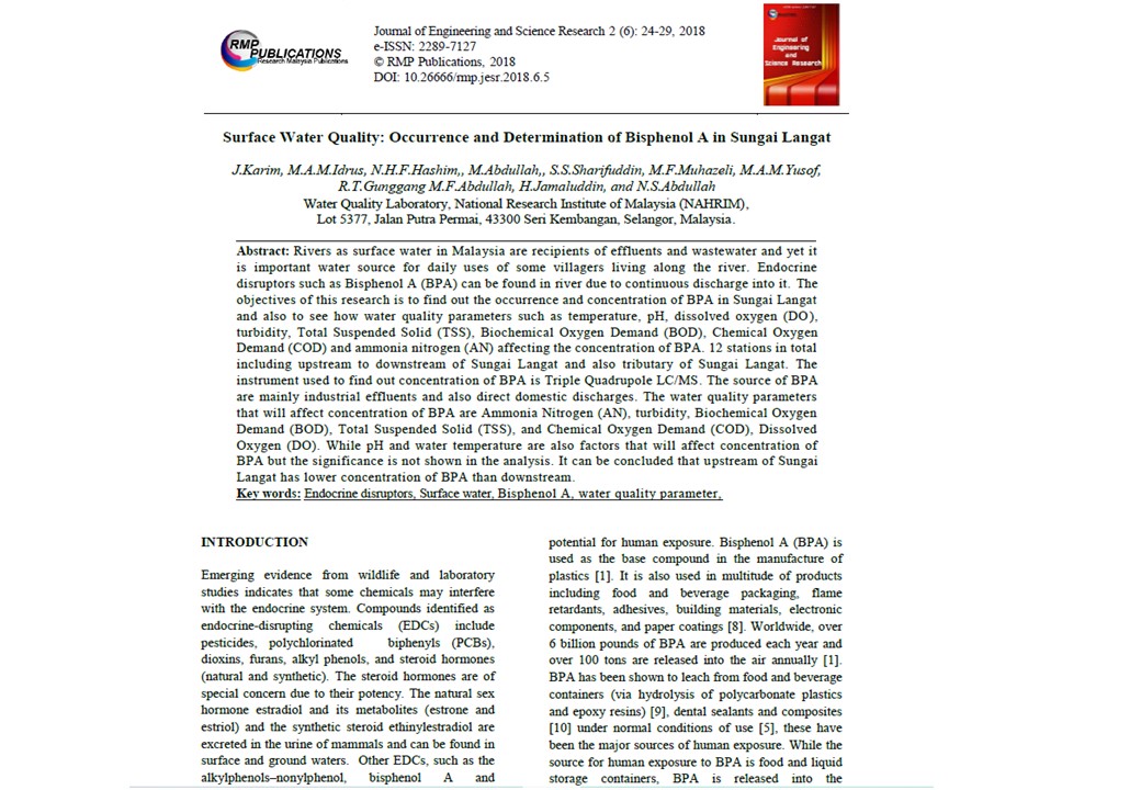 Thumbnail for Surface Water Quality: Occurrence and Determination of Bisphenol A in Sugnai Langat. 