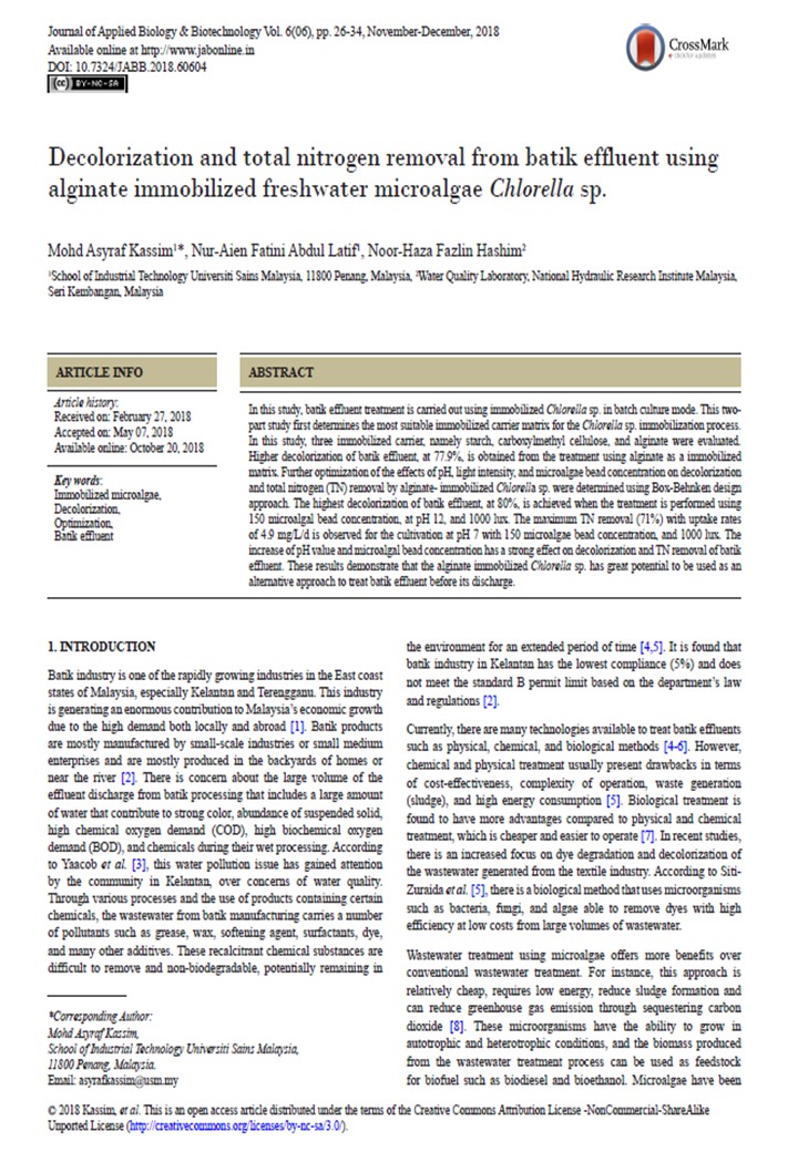 Thumbnail for Decolorization and total nitrogen removal from batik effluent using alginate immobilized freshwater microalgae Chlorella sp. 