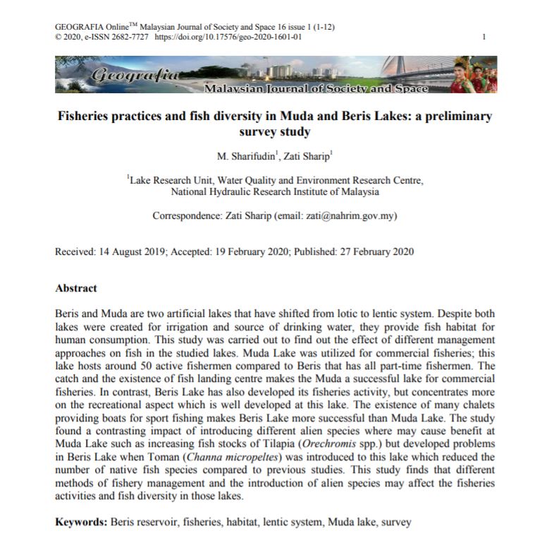 Thumbnail for Fisheries practices and fish diversity in Muda and Beris Lakes: a preliminary survey study