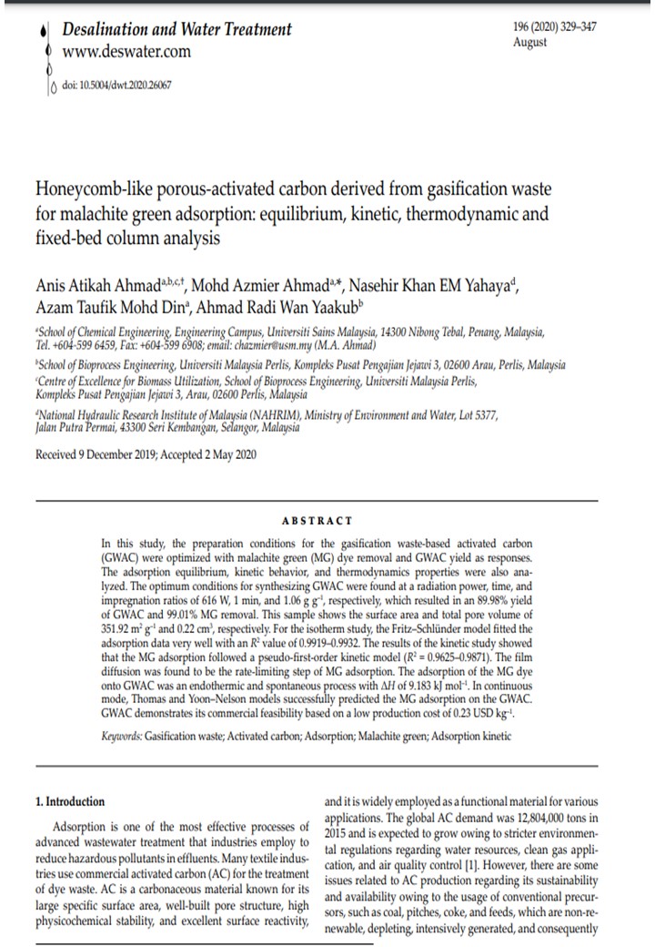 Thumbnail for Honeycomb-like porous-activated carbon derived from gasification waste for malachite green adsorption: equilibrium, kinetic, thermodynamic and fixed-bed column analysis