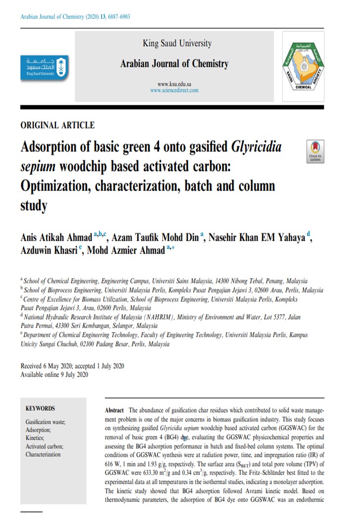 Thumbnail for Adsorption of basic green 4 onto gasified Glyricidia sepium woodchip based activated carbon: Optimization, characterization, batch and column study
