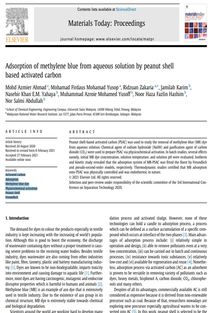 Thumbnail for Adsorption of methylene blue from aqueous solution by peanut shell based activated carbon