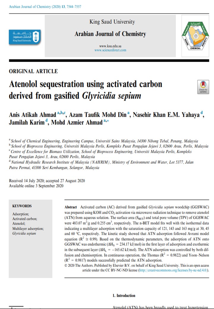 Thumbnail for Atenolol sequestration using activated carbon derived from gasified Glyricidia sepium