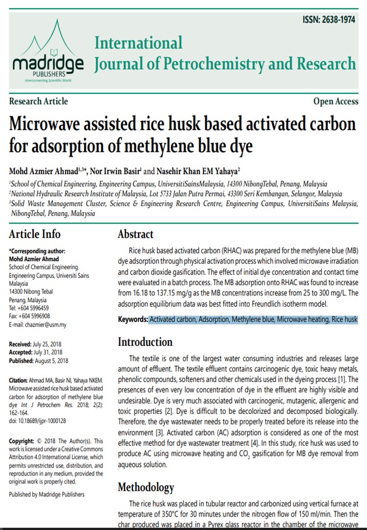 Thumbnail for Microwave assisted rice husk based activated carbon for adsorption of methylene blue dye
