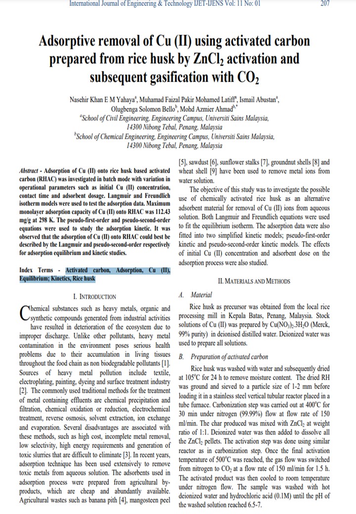Thumbnail for Adsorptive removal of Cu (II) using activated carbon prepared from rice husk by ZnCl2 activation and subsequent gasification with CO2