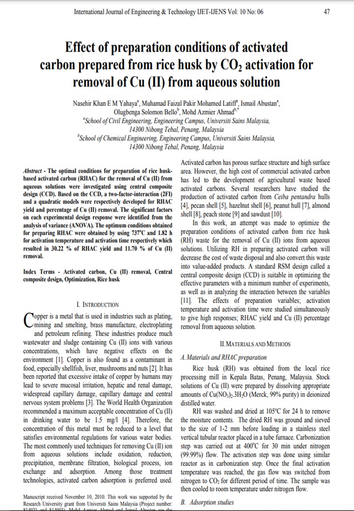 Thumbnail for Effect of preparation conditions of activated carbon prepared from rice husk by CO2 activation for removal of Cu (II) from aqueous solution 