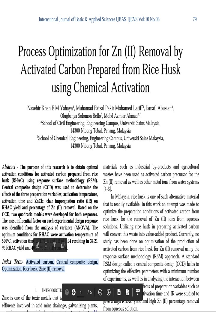 Thumbnail for Process optimization for Zn (II) removal by activated carbon prepared from corncob via physiochemical activation