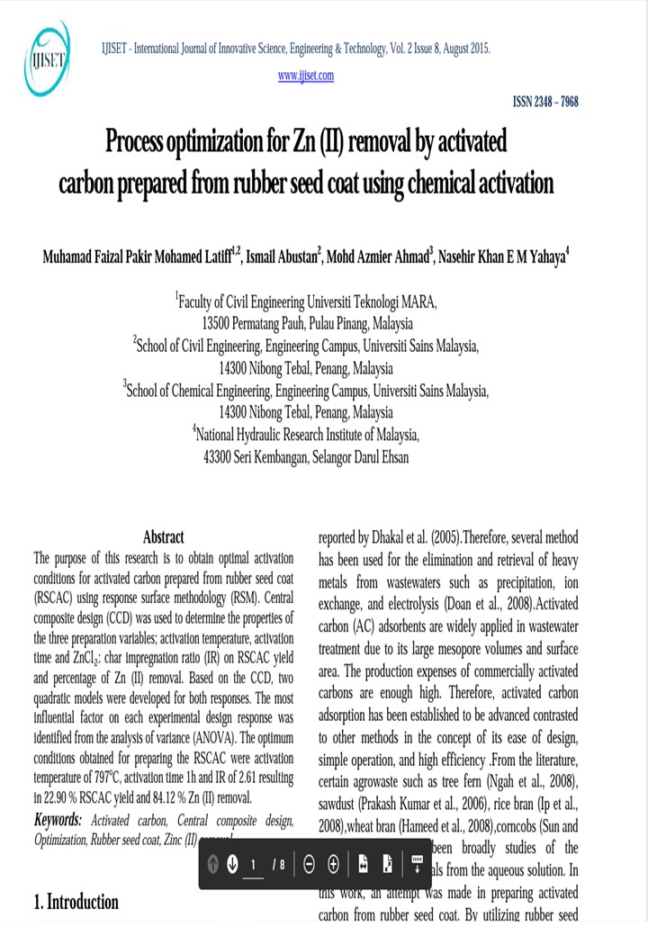 Thumbnail for Process  optimization  for  Zn (II) removal  by activated carbon  prepared from rubber  seed coat  using chemical  activation 