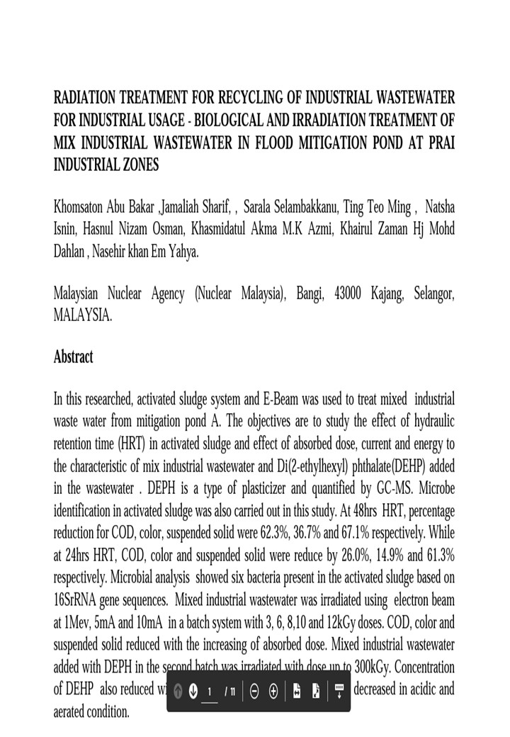 Thumbnail for RADIATION  TREATMENT  FOR  RECYCLING  OF  INDUSTRIAL  WASTEWATER FOR  INDUSTRIAL  USAGE  -  BIOLOGICAL  AND  IRRADIATION  TREATMENT  OF  MIX  INDUSTRIAL  WASTEWATER  IN  FLOOD  MITIGATION  POND  AT  PRAI INDUSTRIAL  ZONES 