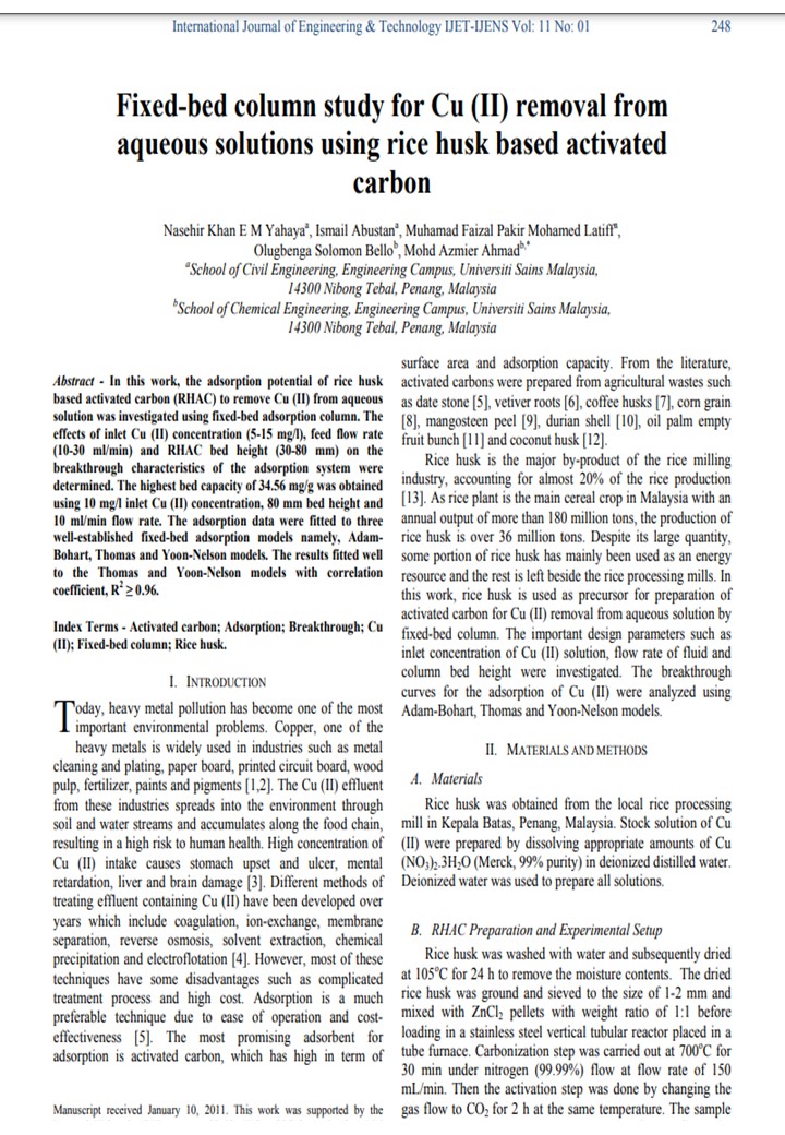 Thumbnail for Fixed-bed column study for Cu (II) removal from aqueous solutions using rice husk based activated carbon