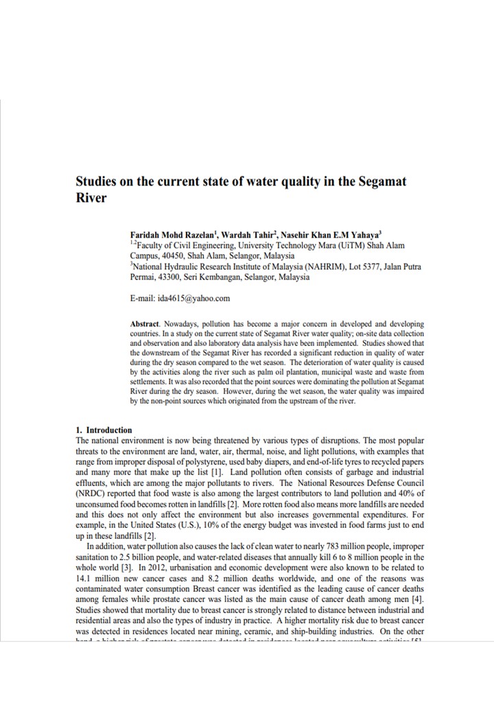 Thumbnail for Studies on the current state of water quality in the Segamat River