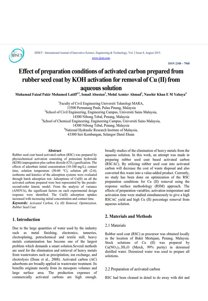 Thumbnail for Effect  of  preparation  conditions  of activated carbon prepared from rubber  seed coat  by KOH  activation  for  removal  of  Cu (II)  from aqueous  solution 