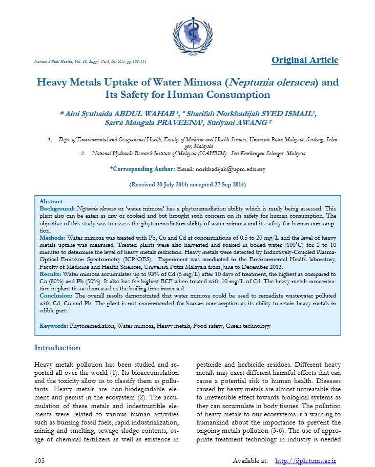 Thumbnail for Heavy Metals Uptake of Water Mimosa (Neptunia oleracea) and Its Safety for Human Consumption