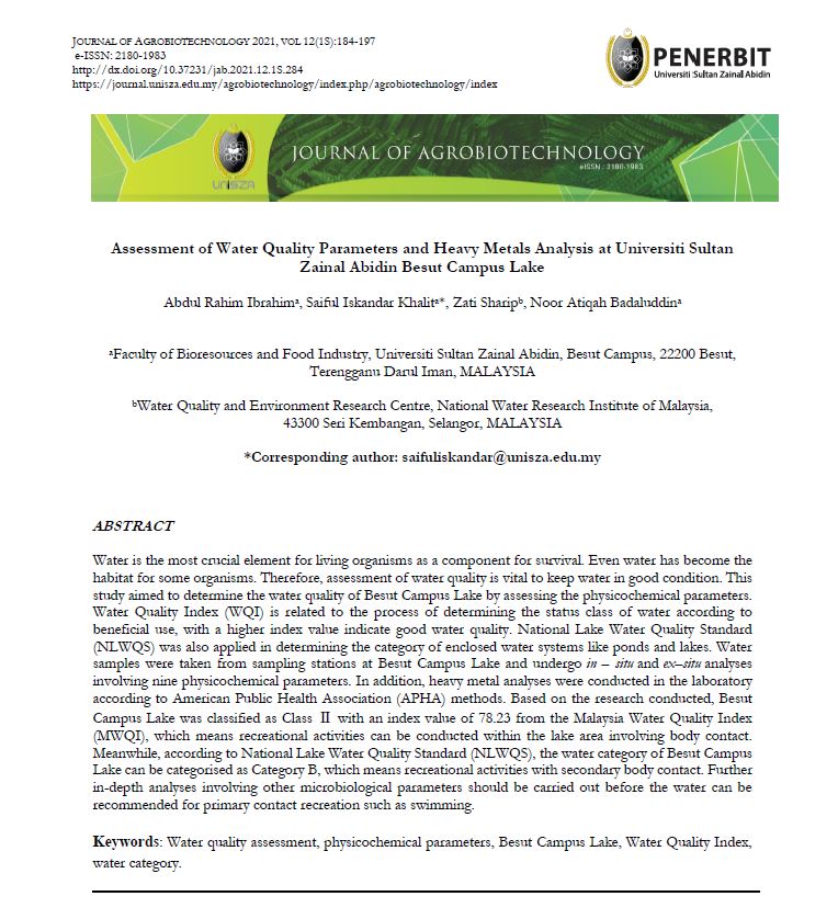 Thumbnail for Assessment of Water Quality Parameters and Heavy Metals Analysis at Universiti Sultan Zainal Abidin Besut Campus Lake