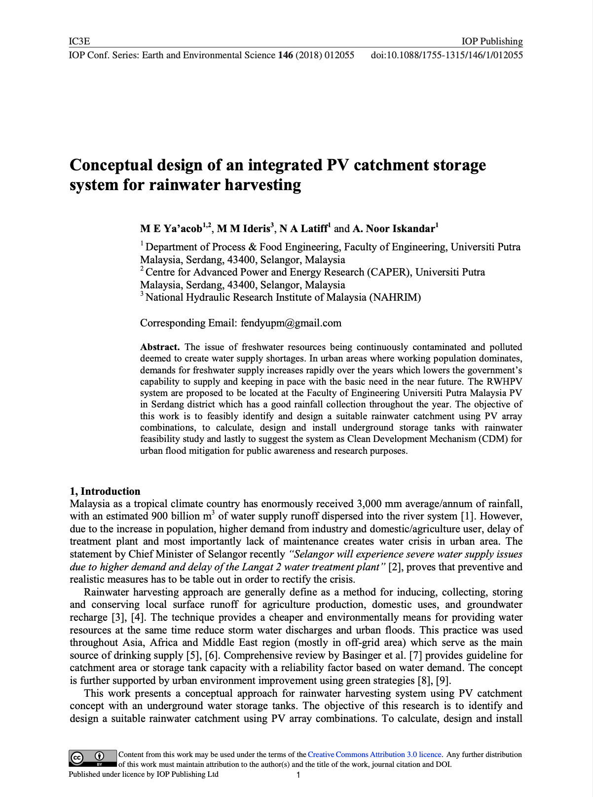 Thumbnail for CONCEPTUAL DESIGN OF AN INTEGRATED PV CATCHMENT STORAGE SYSTEM FOR RAINWATER HARVESTING - INTERNATIONAL CONFERENCE ON ENVIRONMENTAL & ENERGY ENGINEERING (IC3E 2018)  