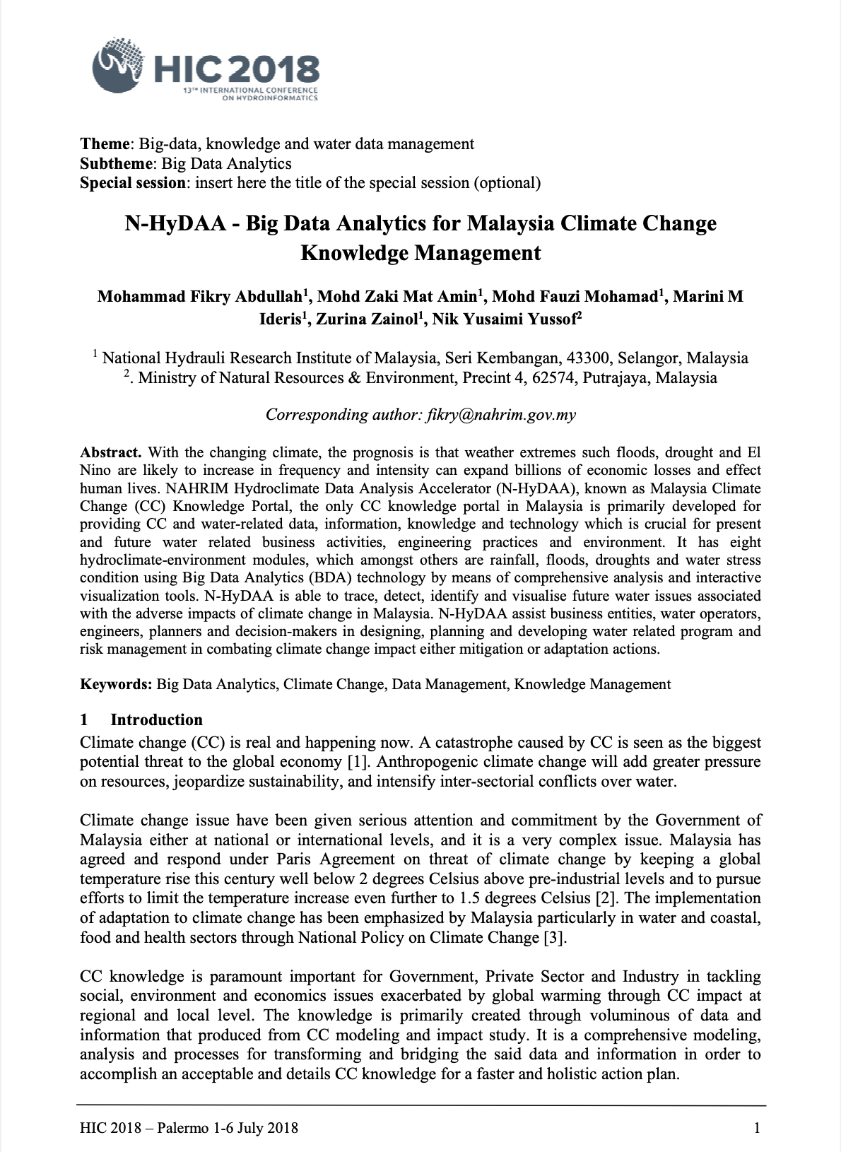 Thumbnail for N-HYDAA - BIG DATA ANALYTICS FOR MALAYSIA CLIMATE CHANGE KNOWLEDGE MANAGEMENT - 13TH INTERNATIONAL CONFERENCE ON HYDROINFORMATICS (HIC 2018)  