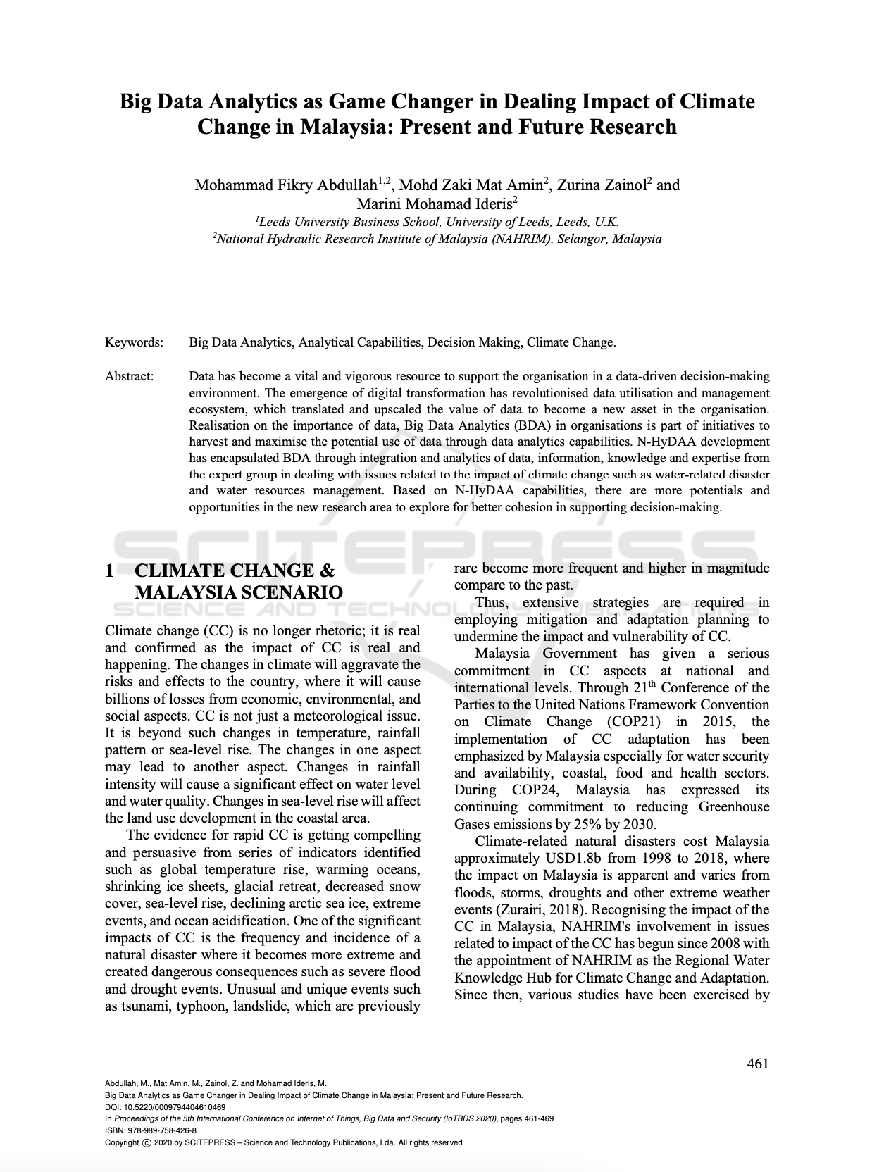 Thumbnail for BIG DATA ANALYTICS AS GAME CHANGER IN DEALING IMPACT OF CLIMATE CHANGE IN MALAYSIA: PRESENT AND FUTURE RESEARCH - 5TH INTERNATIONAL CONFERENCE ON INTERNET OF THINGS, BIG DATA & SECURITY (IoTBDS 2020)
