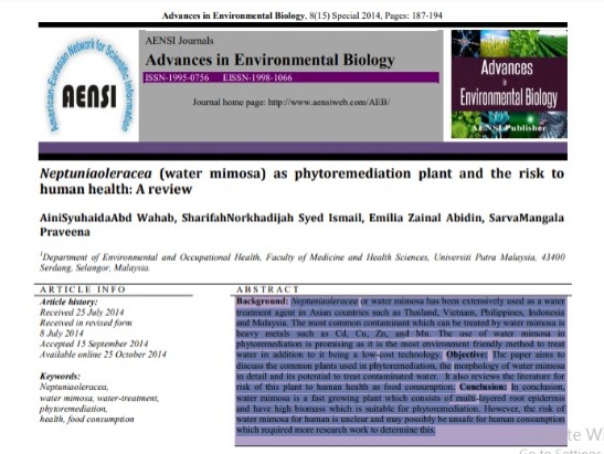 Thumbnail for Neptuniaoleracea (water mimosa) as phytoremediation plant and the risk to human health: A review