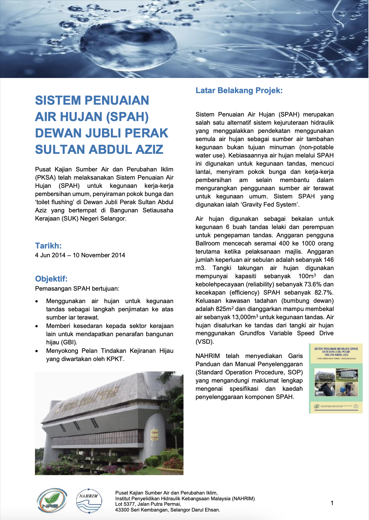 Thumbnail for PROJECT SHEET - SISTEM PENUAIAN AIR HUJAN (SPAH) DEWAN JUBLI PERAK SULTAN ABDUL AZIZ