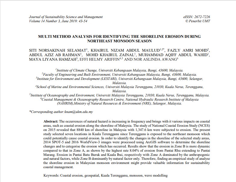 Thumbnail for MULTI METHOD ANALYSIS FOR IDENTIFYING THE SHORELINE EROSION DURING  NORTHEAST MONSOON SEASON