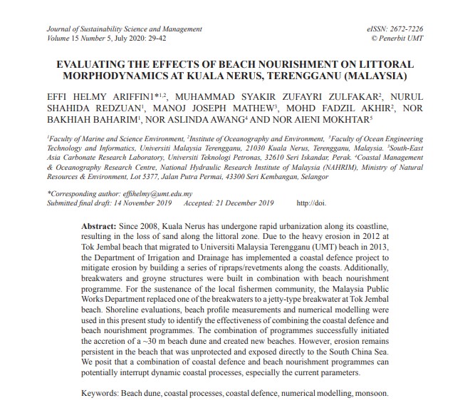 Thumbnail for EVALUATING THE EFFECTS OF BEACH NOURISHMENT ON LITTORAL  MORPHODYNAMICS AT KUALA NERUS, TERENGGANU (MALAYSIA) 