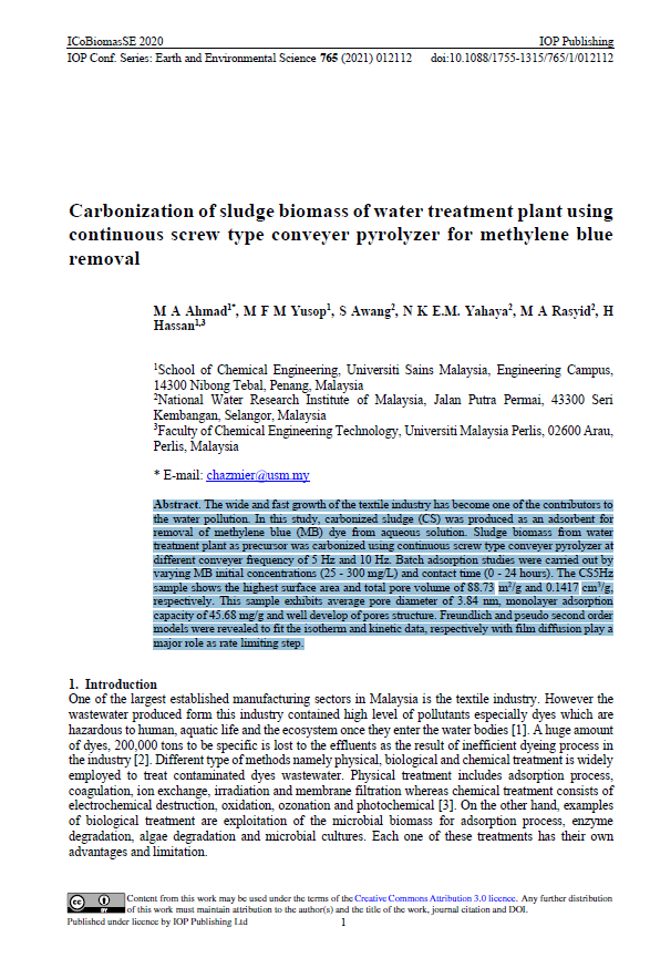 Thumbnail for Carbonization of sludge biomass of water treatment plant using continuous screw type conveyer pyrolyzer for methylene blue removal