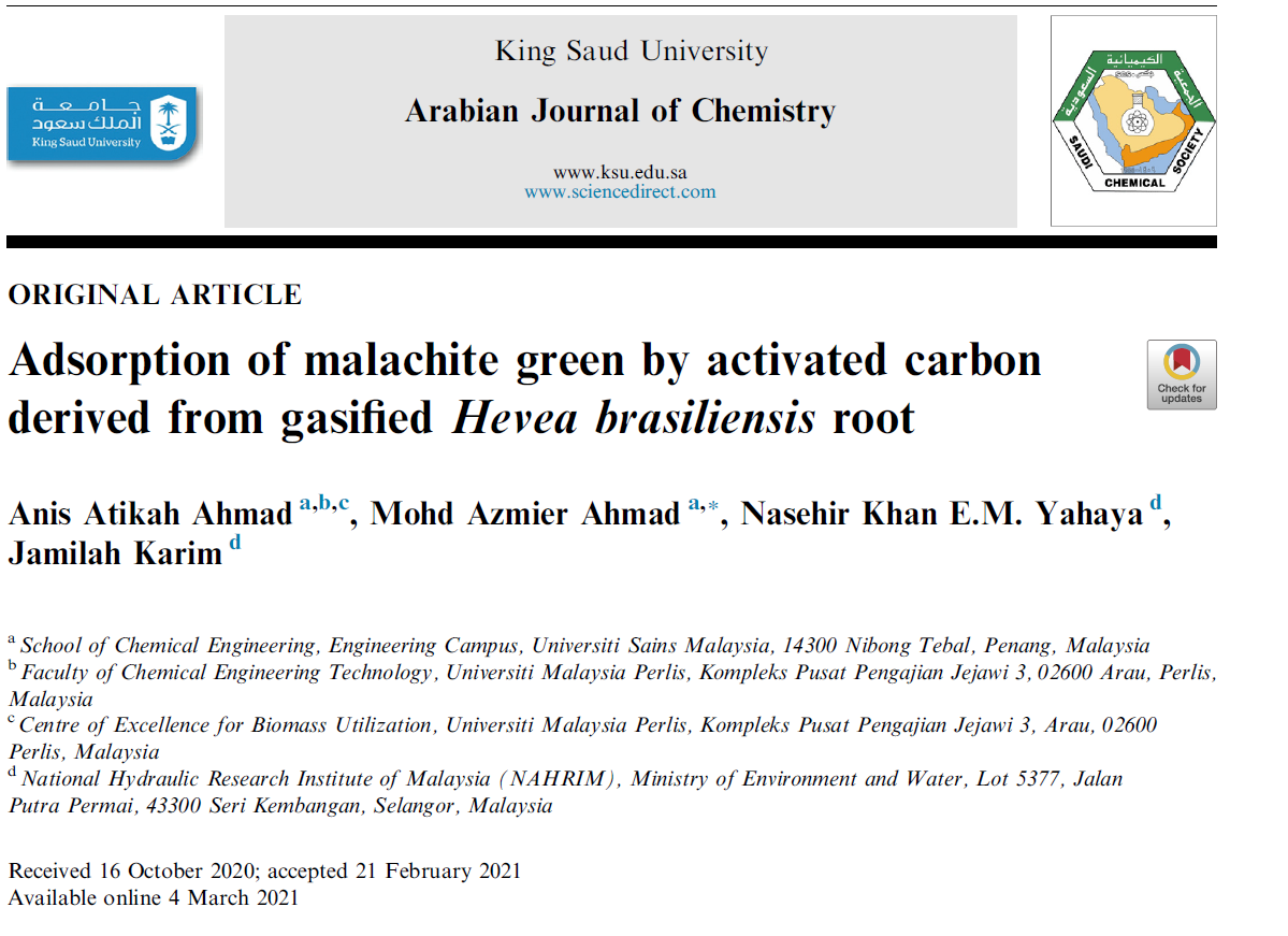 Thumbnail for Adsorption of malachite green by activated carbon derived from gasified Hevea brasiliensis root