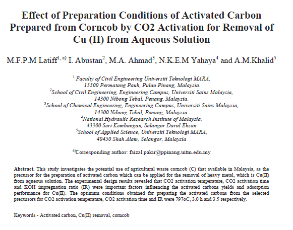 Thumbnail for Effect of Preparation Conditions of Activated Carbon Prepared from Corncob by CO2 Activation for Removal of Cu (II) from Aqueous Solution