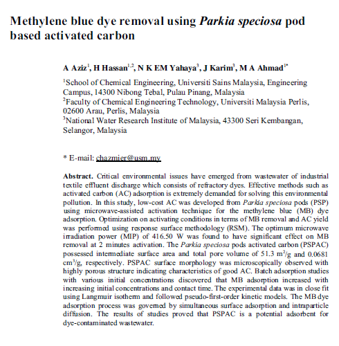 Thumbnail for Methylene blue dye removal using Parkia speciosa pod based activated carbon