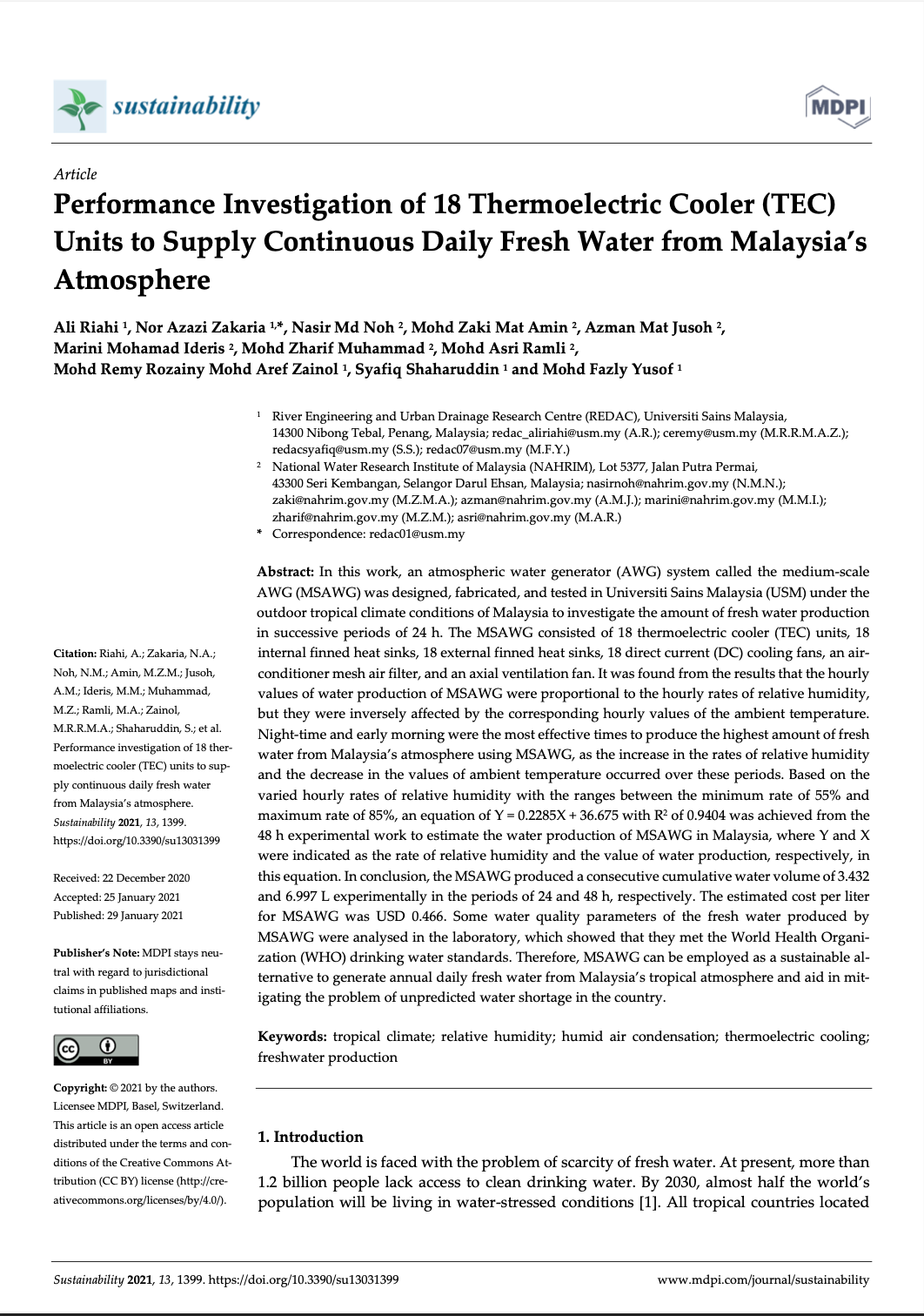 Thumbnail for PERFORMANCE INVESTIGATION OF 18 THERMOELECTRIC COOLER (TEC) UNITS TO SUPPLY CONTINUOUS DAILY FRESH WATER FROM MALAYSIA'S ATMOSPHERE - SUSTAINABILITY 2021
