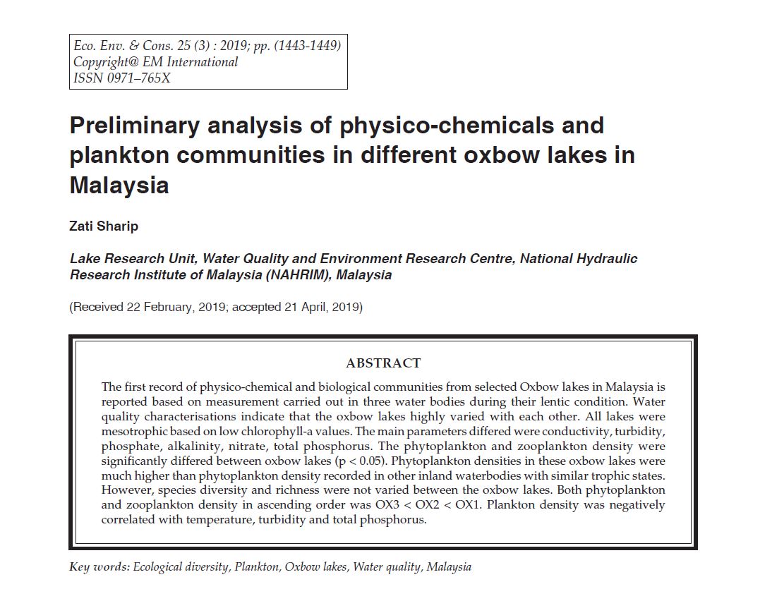 Thumbnail for Preliminary analysis of physico-chemicals and plankton communities in different oxbow lakes in Malaysia