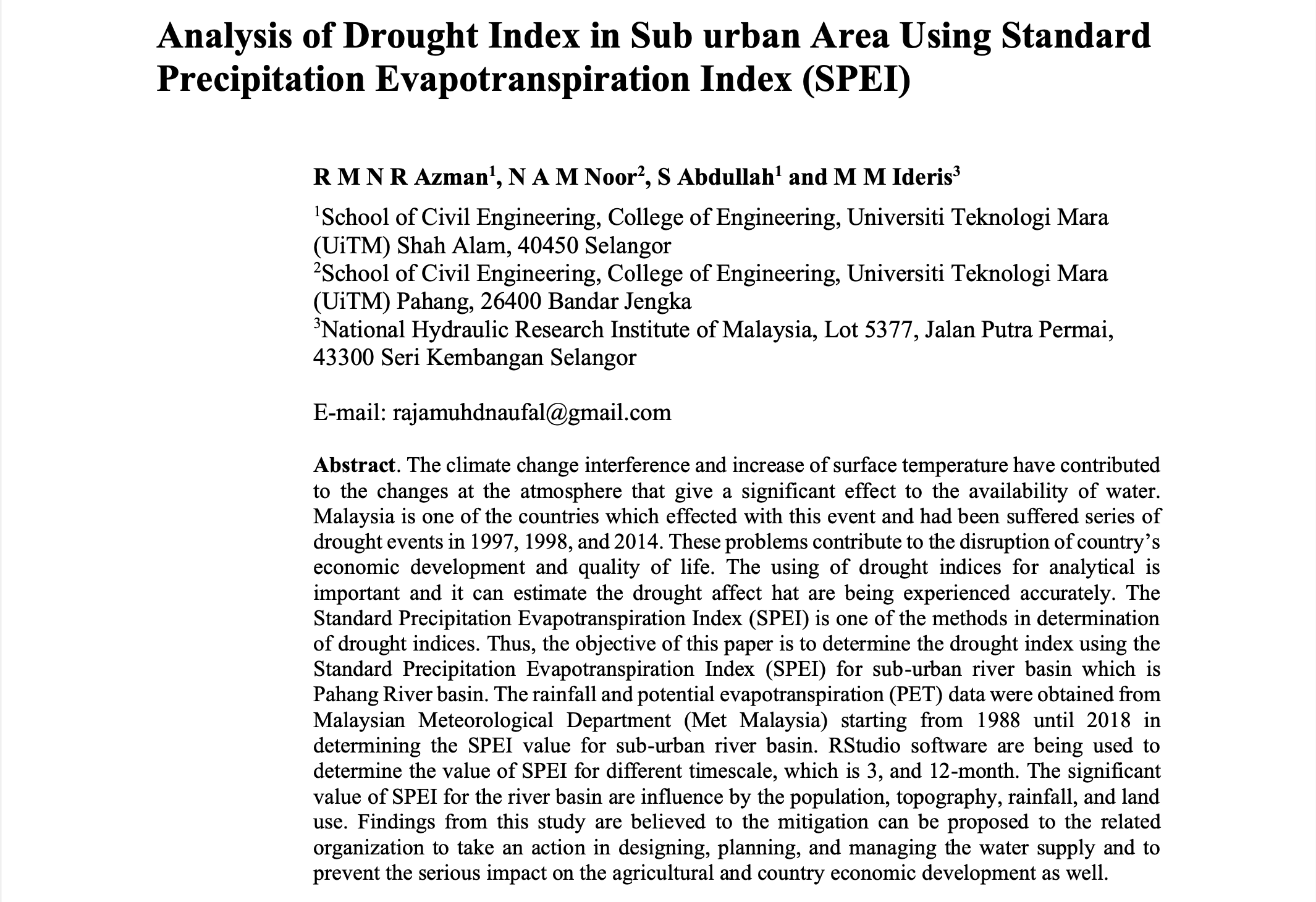 Thumbnail for ANALYSIS OF DROUGHT INDEX IN SUB URBAN AREA USING STANDARD PRECIPITATION EVAPOTRANSPIRATION INDEX (SPEI) - INTERNATIONAL JOURNAL OF INTEGRATED ENGINEERING, 14(9), 157-163