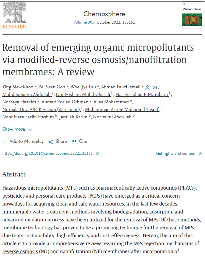 Thumbnail for Removal of emerging organic micropollutants via modified-reverse osmosis/nanofiltration membranes: A review