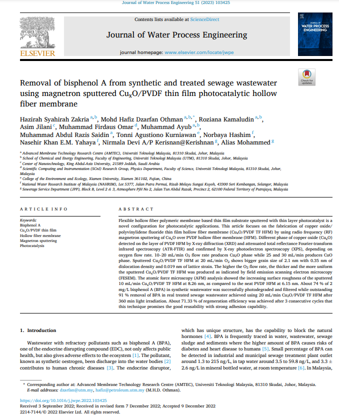 Thumbnail for Removal of bisphenol A from synthetic and treated sewage wastewater using magnetron sputtered CuxO/PVDF thin film photocatalytic hollow fiber membrane 