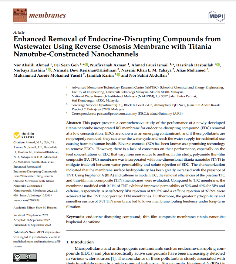 Thumbnail for Enhanced Removal of Endocrine-Disrupting Compounds from Wastewater Using Reverse Osmosis Membrane with Titania Nanotube-Constructed Nanochannels