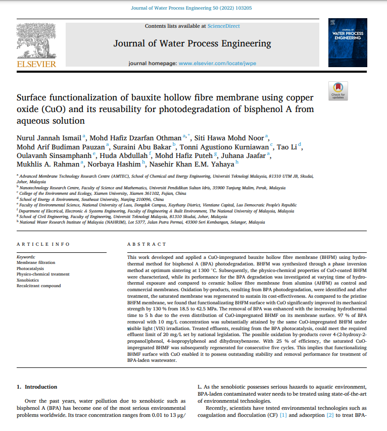 Thumbnail for Surface functionalization of bauxite hollow fibre membrane using copper oxide (CuO) and its reusability for photodegradation of bisphenol A from aqueous solution 