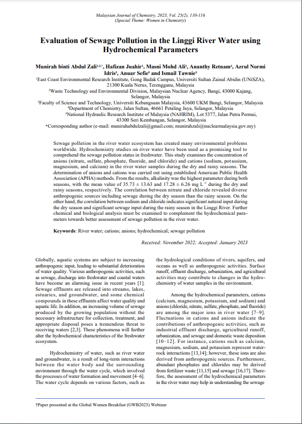 Thumbnail for Evaluation of Sewage Pollution in the Linggi River Water using Hydrochemical Parameters