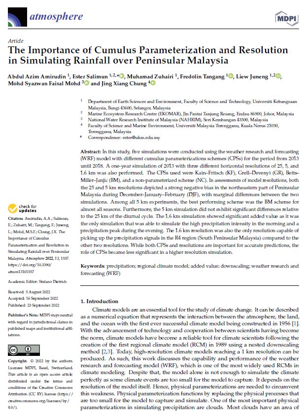 Thumbnail for The Importance of Cumulus Parameterization and Resolution in Simulating Rainfall over Peninsular Malaysia