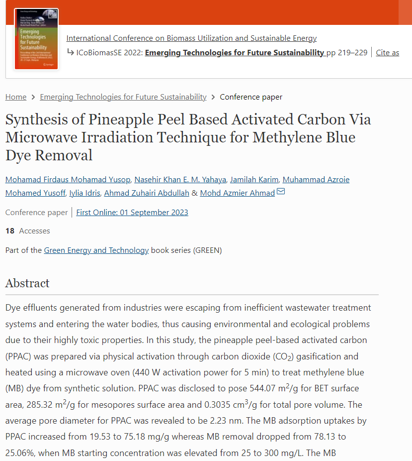 Thumbnail for Synthesis of Pineapple Peel Based Activated Carbon Via Microwave Irradiation Technique for Methylene Blue Dye Removal