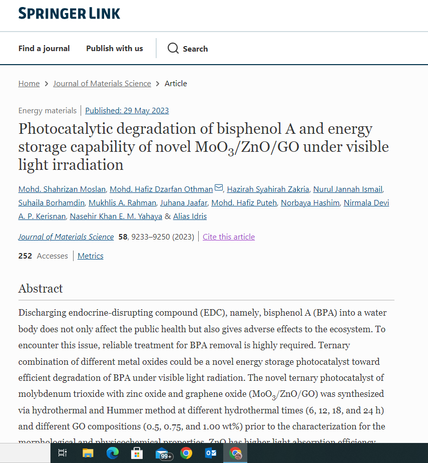 Thumbnail for Photocatalytic degradation of bisphenol A and energy storage capability of novel MoO3/ZnO/GO under visible light irradiation