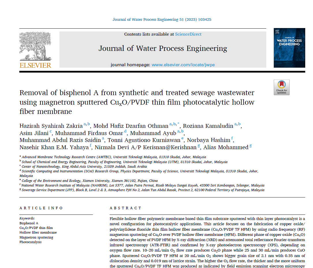 Thumbnail for Removal of bisphenol A from synthetic and treated sewage wastewater using magnetron sputtered Cu x O/PVDF thin film photocatalytic hollow fiber membrane
