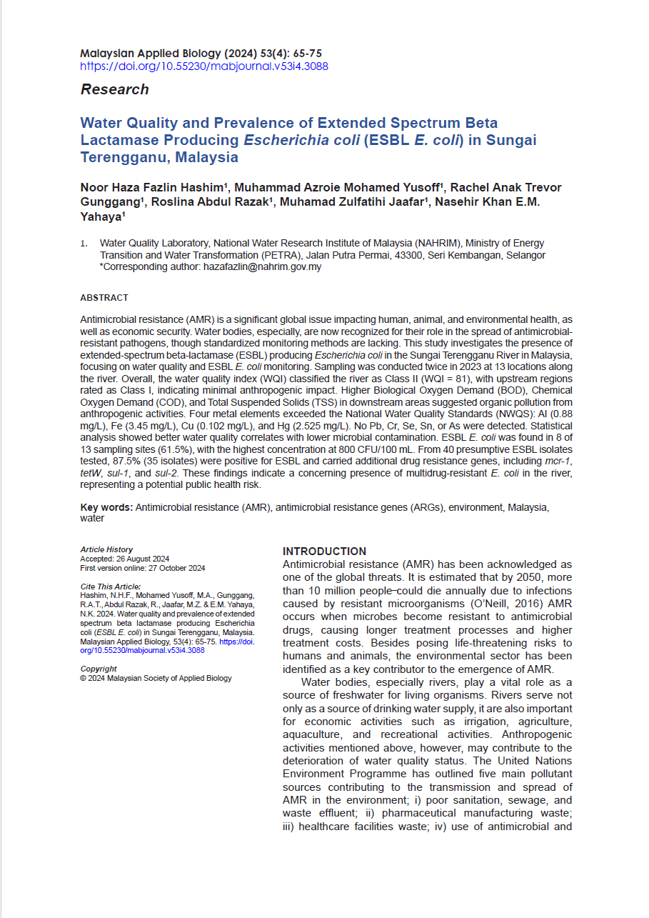 Thumbnail for Water Quality and Prevalence of Extended Spectrum Beta Lactamase Producing Escherichia coli (ESBL E. coli) in Sungai Terengganu, Malaysia