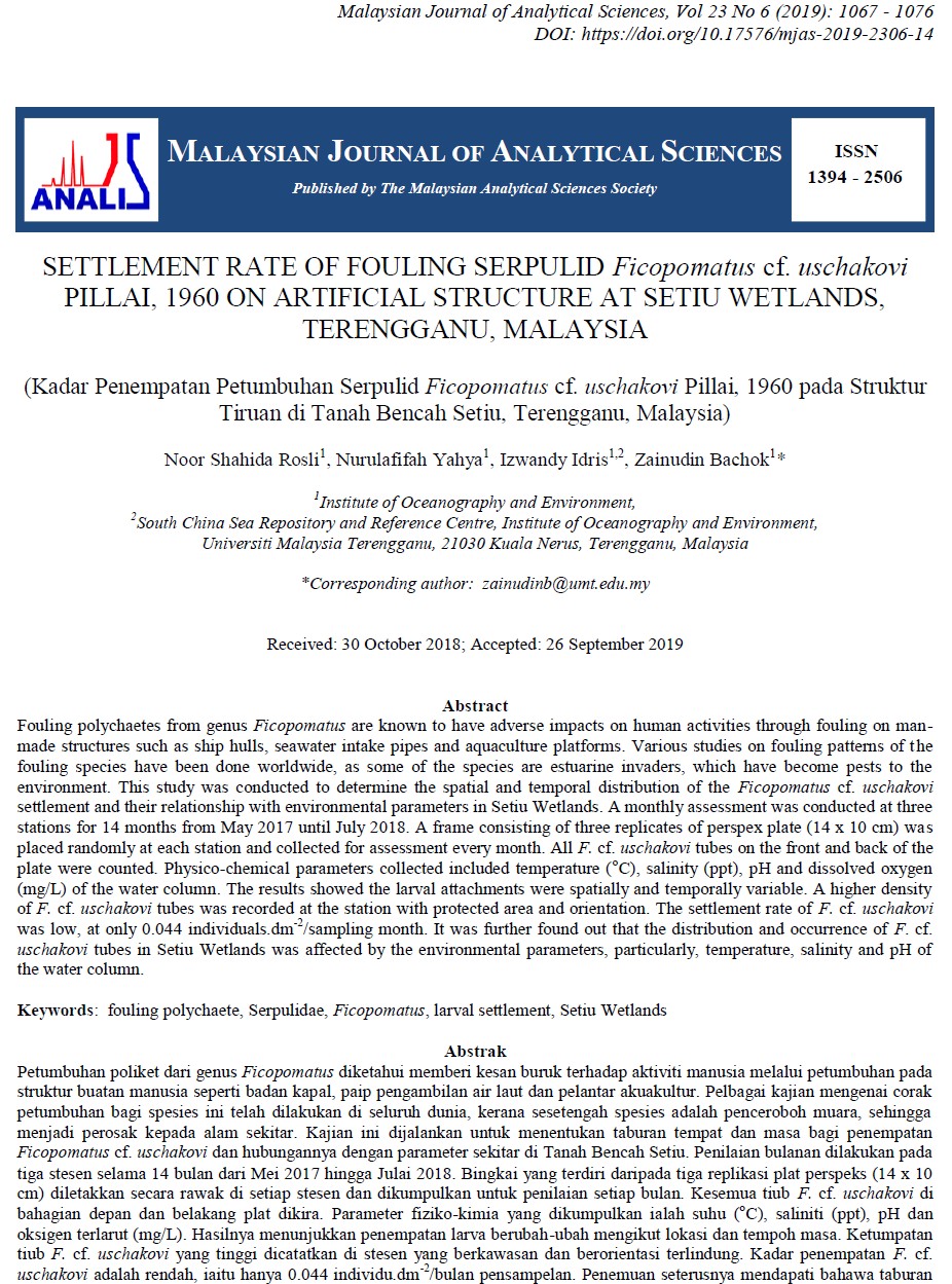 Thumbnail for SETTLEMENT RATE OF FOULING SERPULID Ficopomatus cf. uschakovi PILLAI, 1960 ON ARTIFICIAL STRUCTURE AT SETIU WETLANDS, TERENGGANU, MALAYSIA